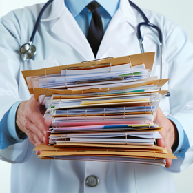 A physician holding a stack of medical records