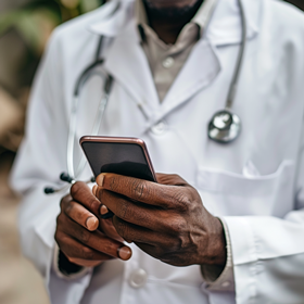 A doctor texting on a mobile phone