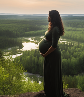 A pregnant woman looks into the wilderness.
