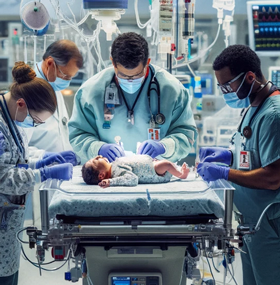 An emergency room scene focused on neonatal resuscitation.